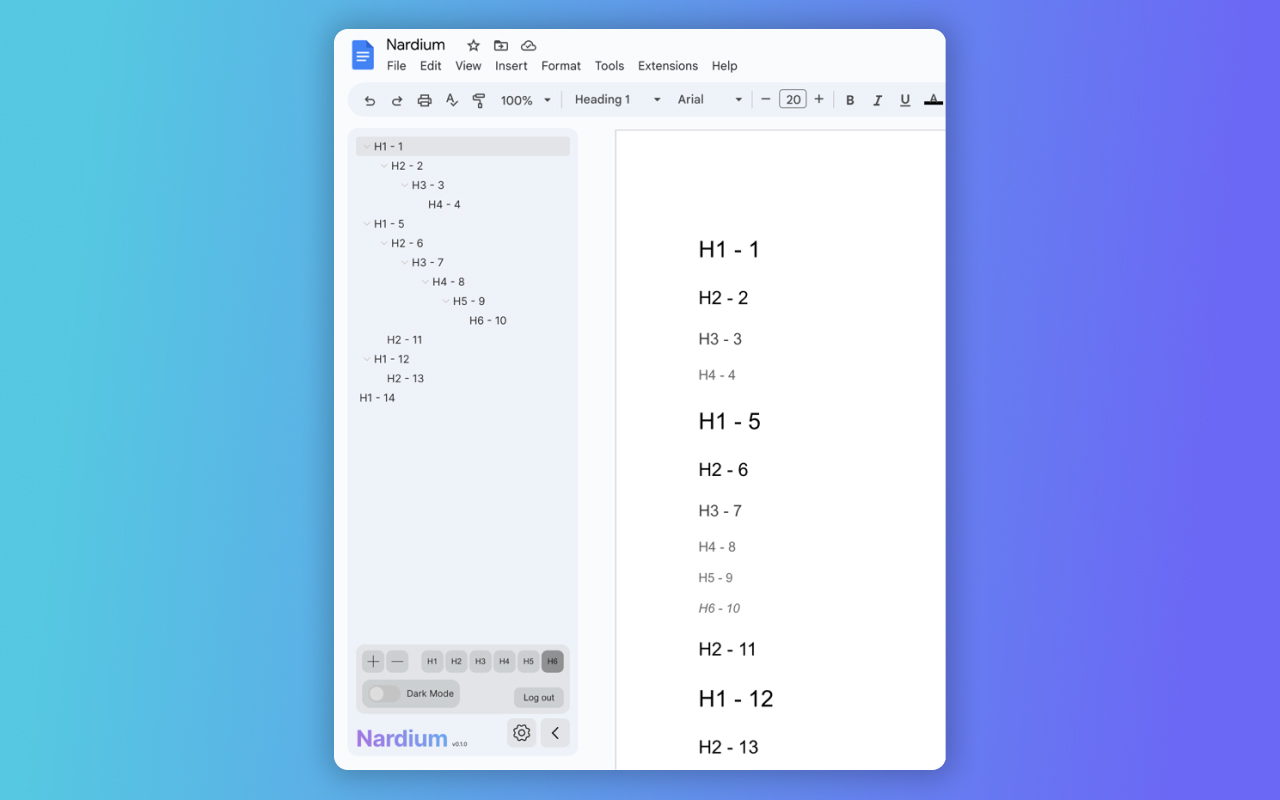 Nardium Google Docs Navigation Panel Example